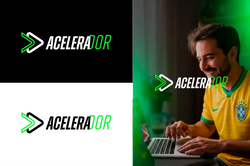 Logotipo Acelerador em verde e preto, com foto de homem no notebook
