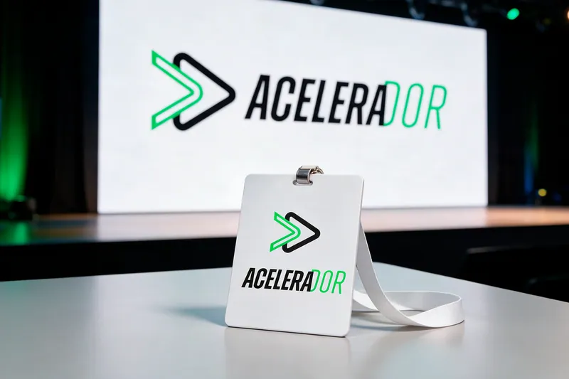 Palco de evento com o logotipo Acelerador no telão e crachá