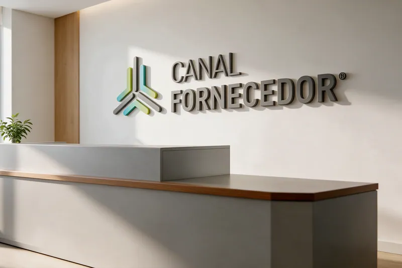Recepção corporativa com o logotipo Canal Fornecedor na parede