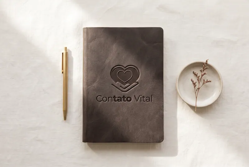 Caderno de couro com o símbolo Contato Vital gravado em baixo-relevo
