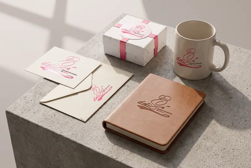 Papelaria Delisá com caderno de couro e caneca