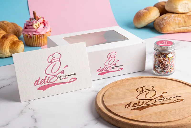 Caixa de cupcakes e tábua de madeira com a marca Delisá