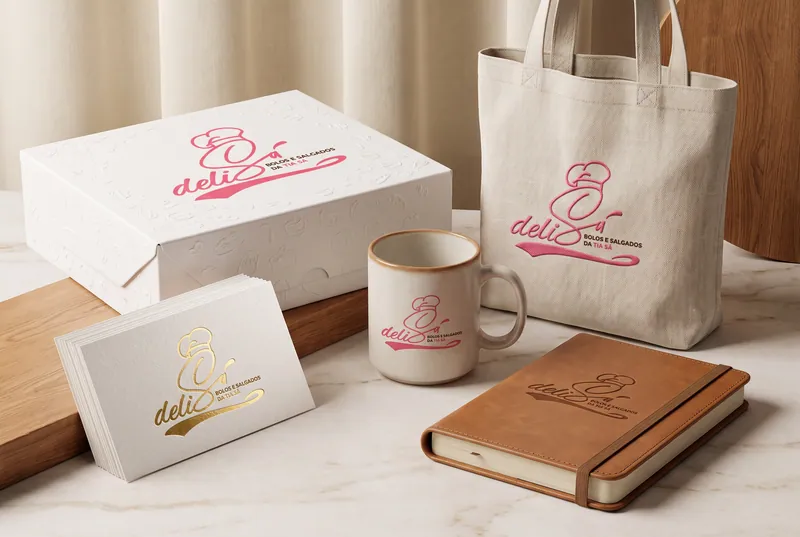 Caixa, ecobag e caneca com a marca Delisá
