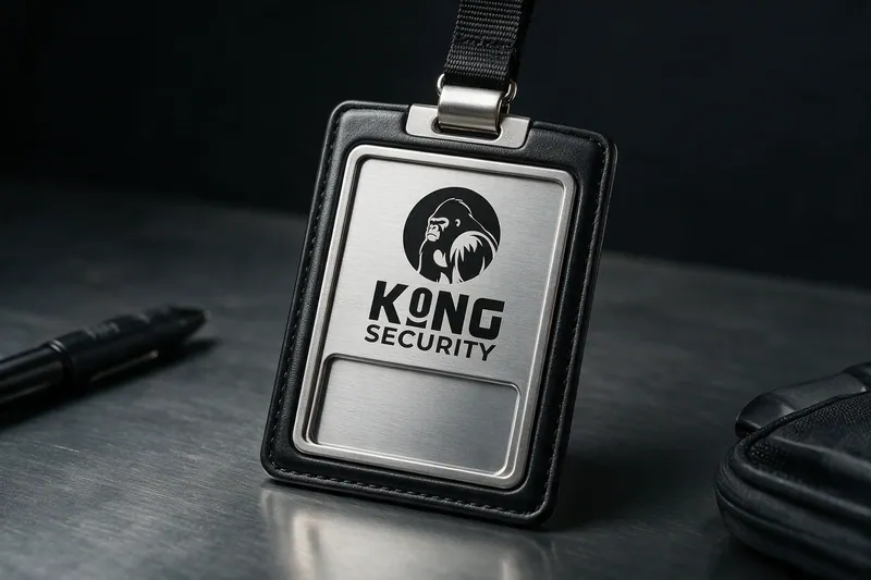 Crachá metálico Kong Security sobre mesa escura