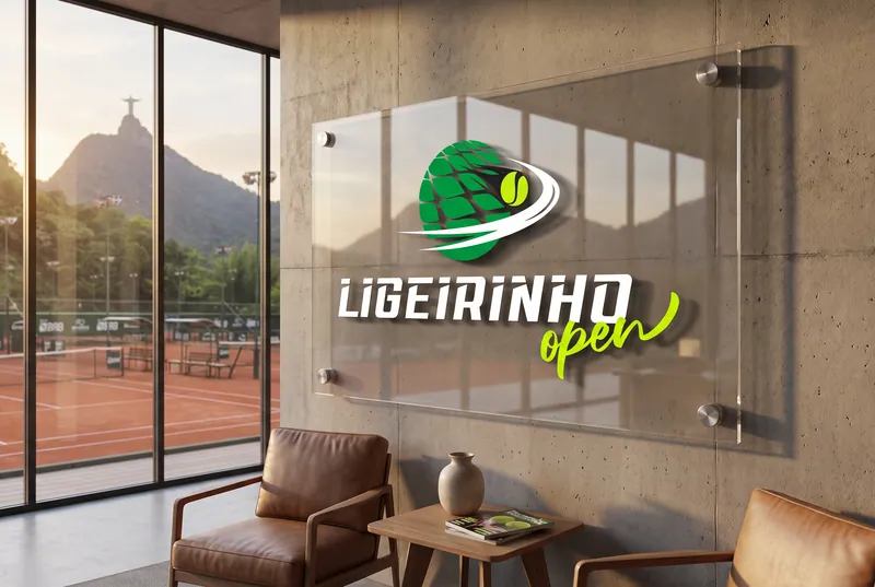 Placa de vidro com o logotipo em um lounge com vista para a quadra