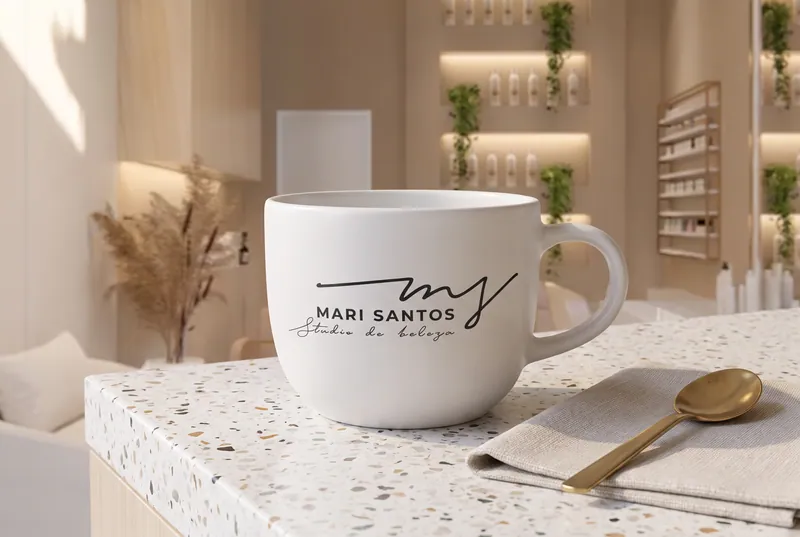 Caneca branca com a assinatura Mari Santos