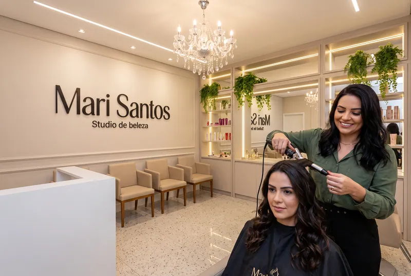 Salão Mari Santos com cabeleireira atendendo cliente
