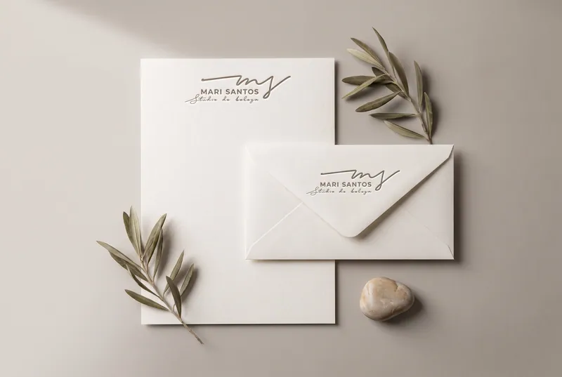 Envelopes e papel timbrado Mari Santos com ramos de oliveira