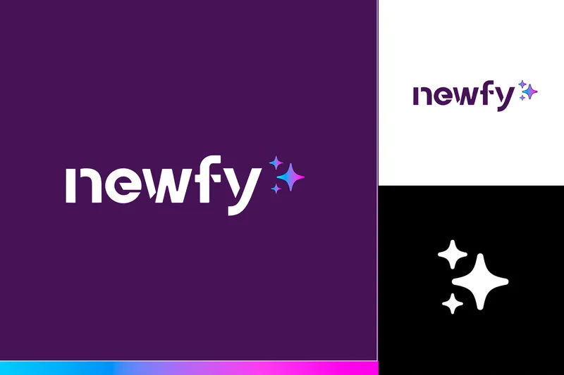 Logotipo Newfy em branco sobre roxo, com versões e o ícone de brilho