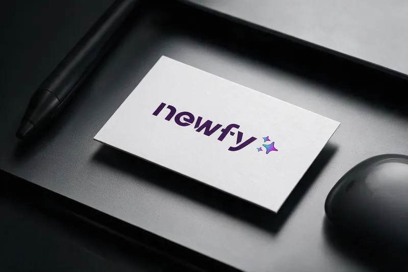 Cartão de visita branco com o logotipo Newfy sobre mesa escura