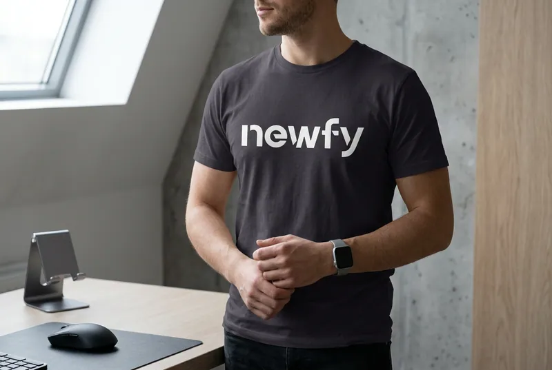 Homem vestindo camiseta cinza com o logotipo Newfy