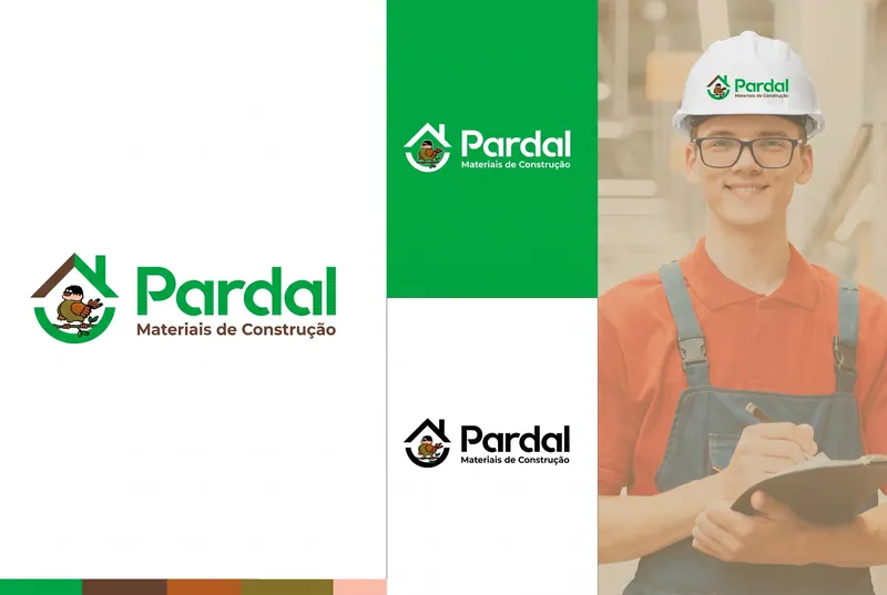 Logotipo Pardal Materiais de Construção com versões e funcionário sorrindo