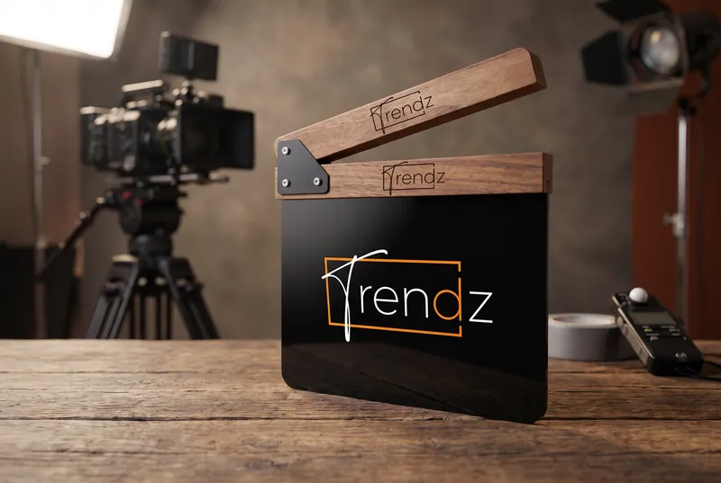 Claquete com o logotipo Trendz ao lado de uma câmera de cinema