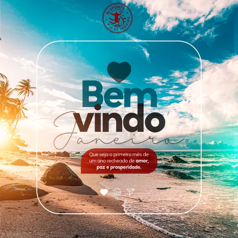 “Bem-vindo, janeiro” com praia ao pôr do sol