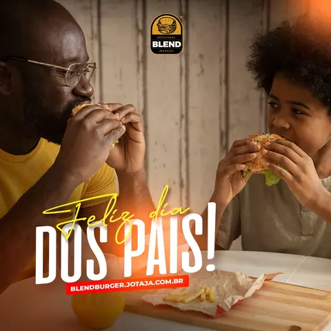 Blend Burger: “Feliz Dia dos Pais” com pai e filho comendo hambúrguer