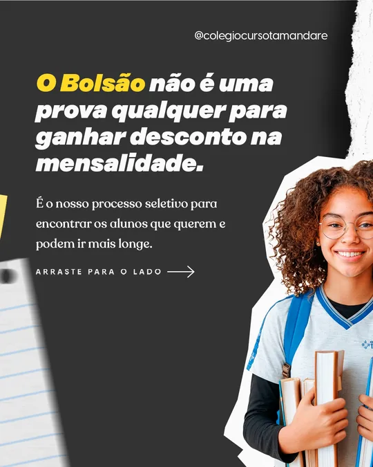 “O Bolsão não é uma prova qualquer para ganhar desconto na mensalidade” com aluna sorrindo