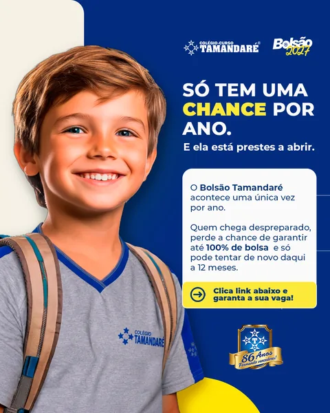 Bolsão Tamandaré 2027: “Só tem uma chance por ano” com menino sorrindo de uniforme