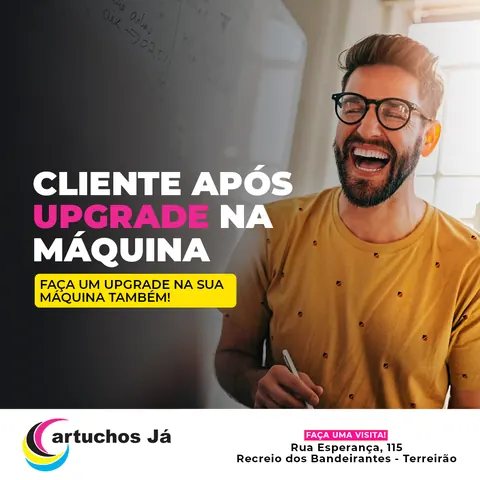 Cartuchos Já: “Cliente após upgrade na máquina” com homem sorrindo