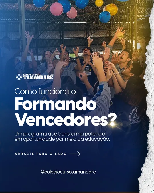 Capa: “Como funciona o Formando Vencedores?” com alunos comemorando entre balões