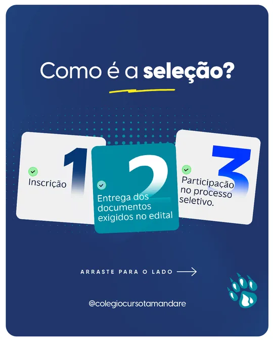 “Como é a seleção?” em três cartões: inscrição, documentos e processo seletivo