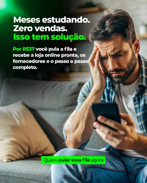Loja Flash: “Meses estudando. Zero vendas. Isso tem solução.” com homem preocupado olhando o celular