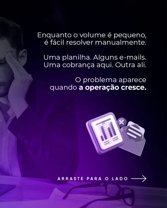 “Enquanto o volume é pequeno, é fácil resolver manualmente” com ícones de planilha e e-mail