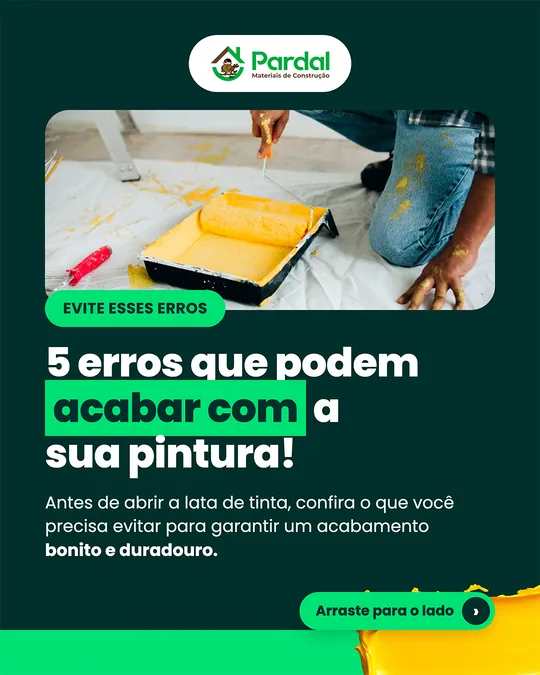 Capa: “5 erros que podem acabar com a sua pintura!” com pessoa usando rolo e bandeja de tinta amarela