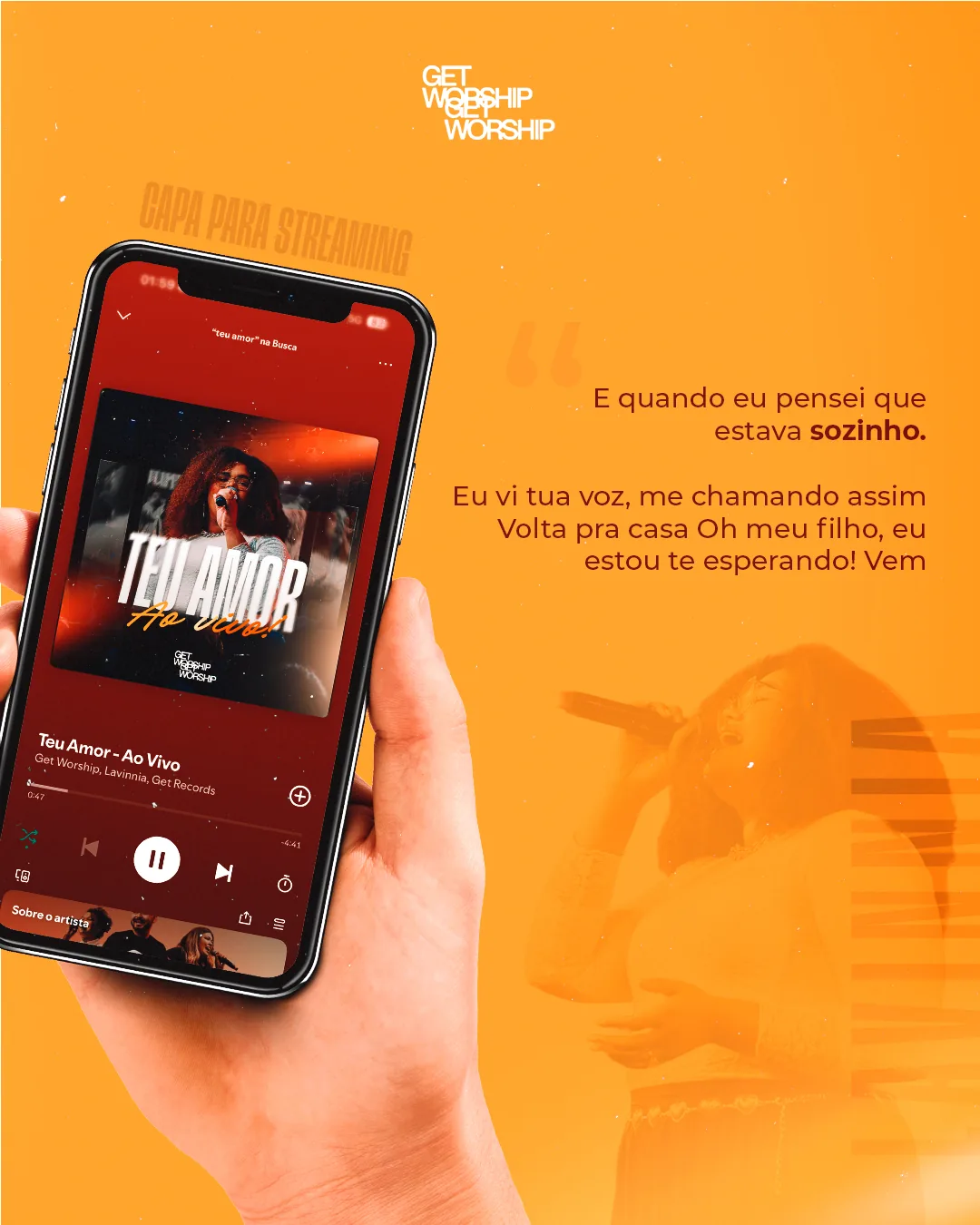 Capa para streaming: celular na mão com a faixa Teu Amor tocando e trecho da letra