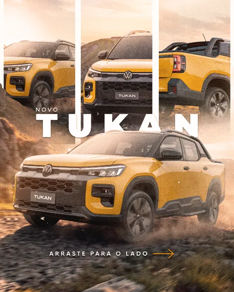 Capa “Novo Tukan”: picape Volkswagen amarela em estrada de terra, com recortes verticais da mesma picape