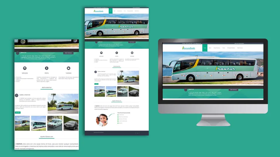 Site de turismo com ônibus em monitor e celulares sobre fundo verde-água