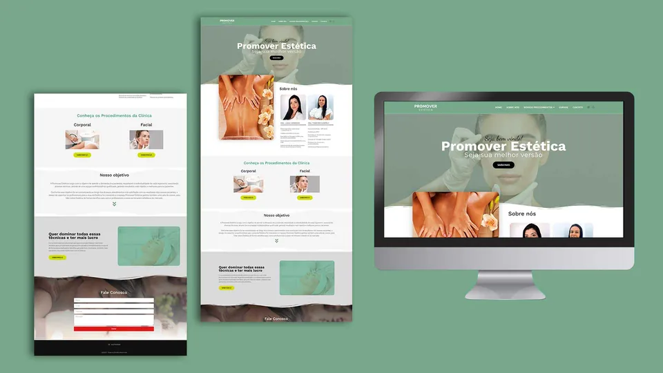Site da Promover Estética em monitor e celulares sobre fundo verde