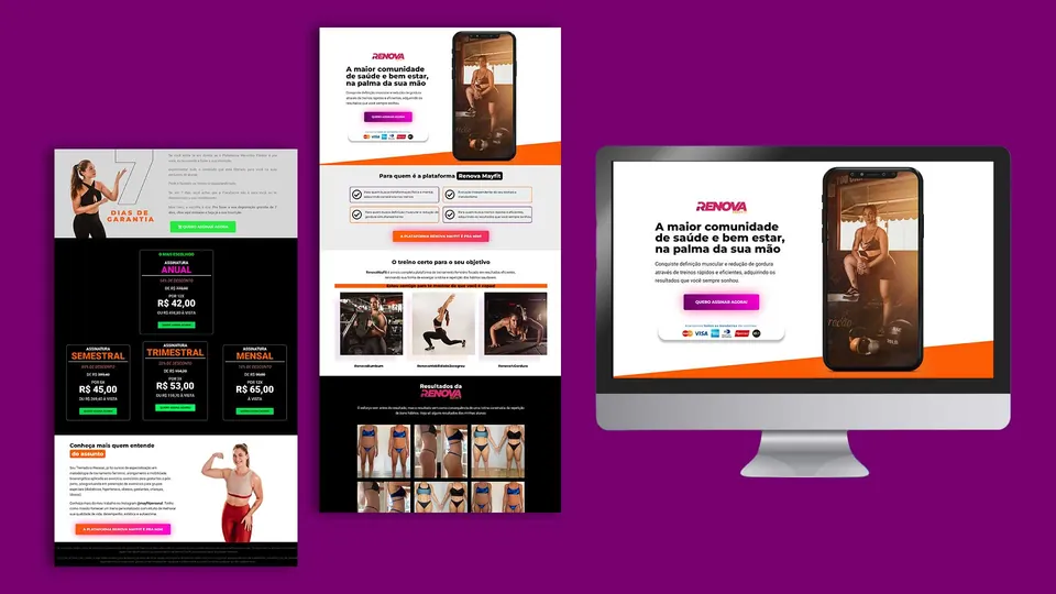 Landing page com fotos de pessoas se exercitando em monitor e celular sobre fundo roxo