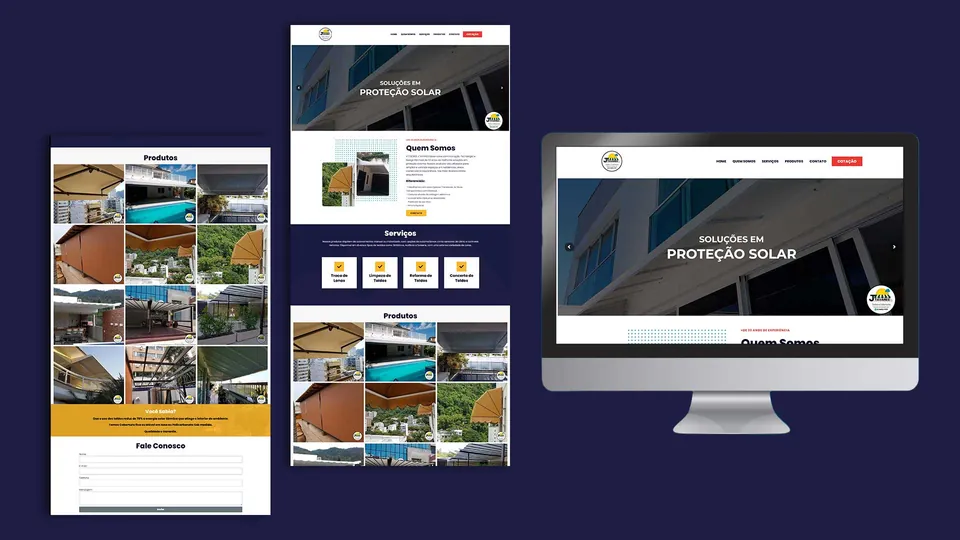Site de proteção solar e toldos em monitor e celulares sobre fundo azul-marinho